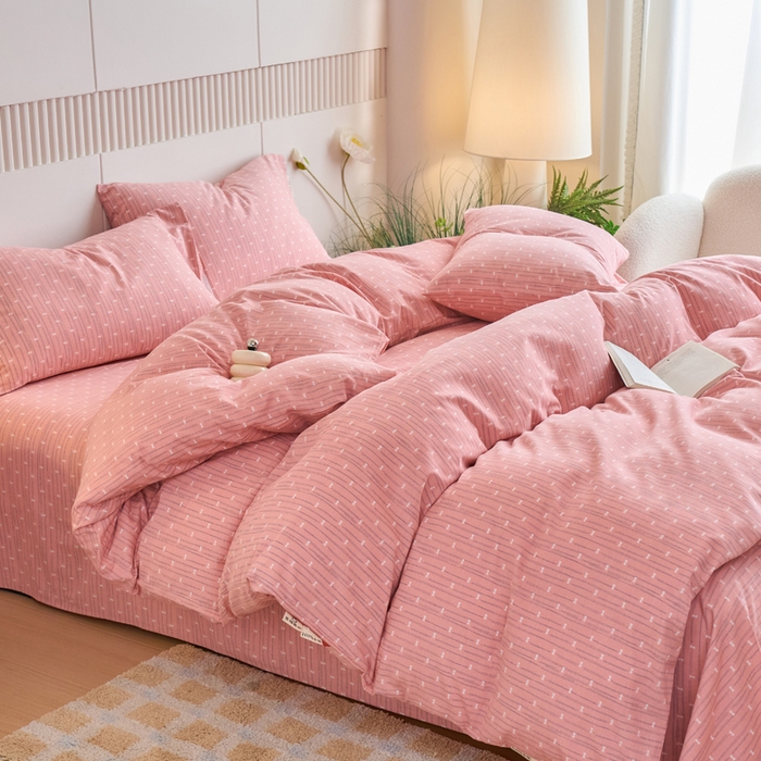 91家纺网 家纺一手货源 找家纺 春皖家纺 2025新款全棉原棉磨毛色织水洗四件套回暖系列-风格二 梦妮粉