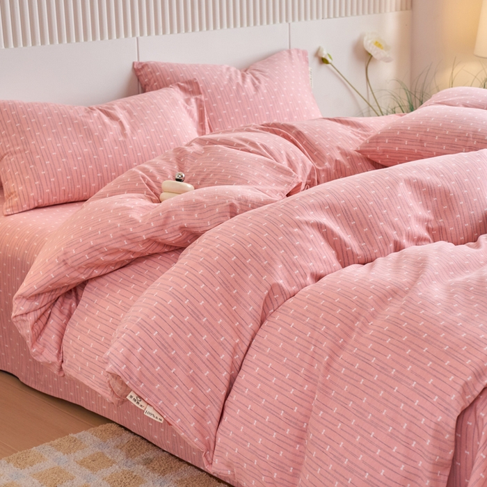 91家纺网 家纺一手货源 找家纺 春皖家纺 2025新款全棉原棉磨毛色织水洗四件套回暖系列-风格二 梦妮粉