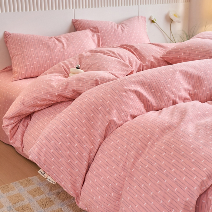 91家纺网 家纺一手货源 找家纺 春皖家纺 2025新款全棉原棉磨毛色织水洗四件套回暖系列-风格二 梦妮粉