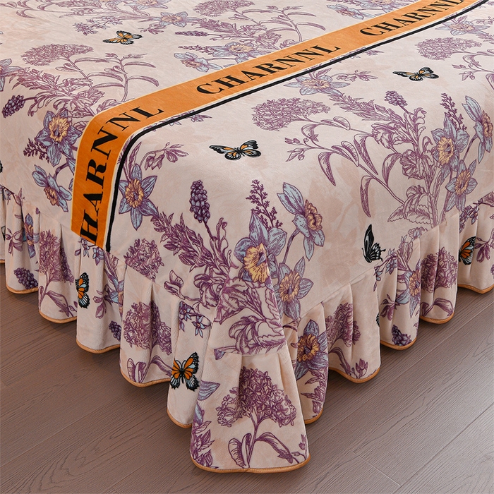 91家纺网 家纺一手货源 找家纺 董成龙家纺 2025新款高克重9-10斤加厚印花超柔牛奶绒爆款法莱绒金貂绒床裙四件套控价 蝶舞