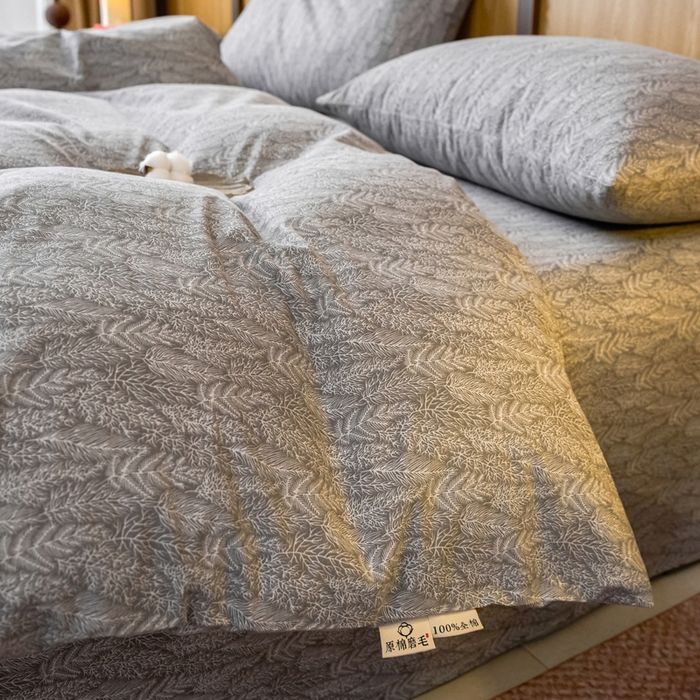 91家纺网 家纺一手货源 找家纺 春皖家纺 2025新款全棉原棉磨毛色织水洗四件套回暖系列-风格二 叶相思