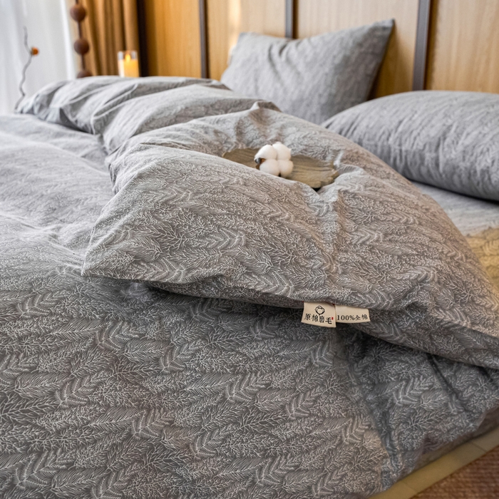 91家纺网 家纺一手货源 找家纺 春皖家纺 2025新款全棉原棉磨毛色织水洗四件套回暖系列-风格二 叶相思