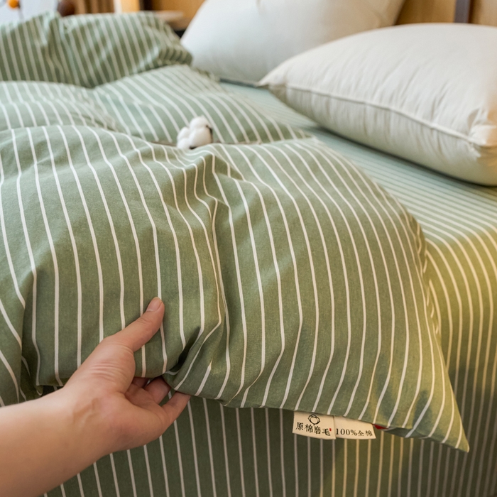 91家纺网 家纺一手货源 找家纺 春皖家纺 2025新款全棉原棉磨毛色织水洗单被套回暖系列-风格二 艾绿条