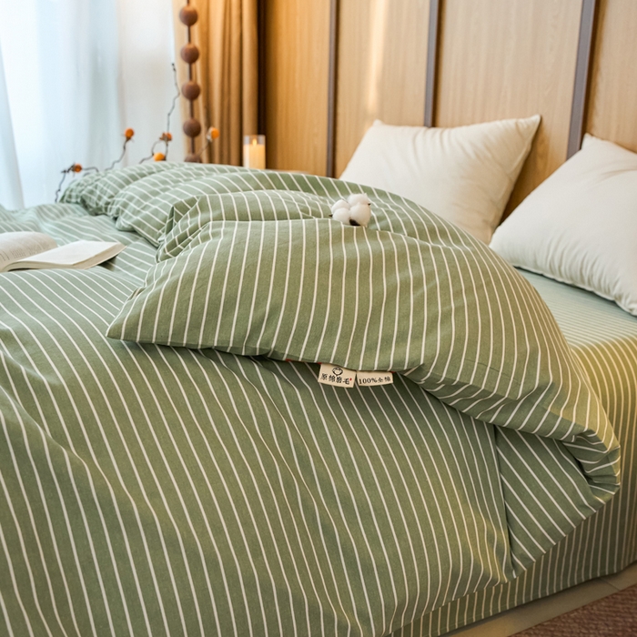 91家纺网 家纺一手货源 找家纺 春皖家纺 2025新款全棉原棉磨毛色织水洗单被套回暖系列-风格二 艾绿条