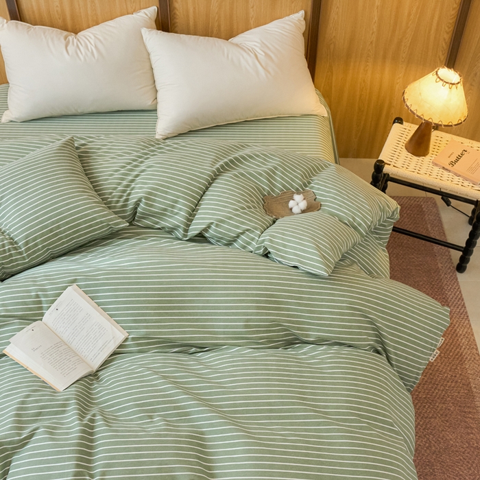 91家纺网 家纺一手货源 找家纺 春皖家纺 2025新款全棉原棉磨毛色织水洗单被套回暖系列-风格二 艾绿条