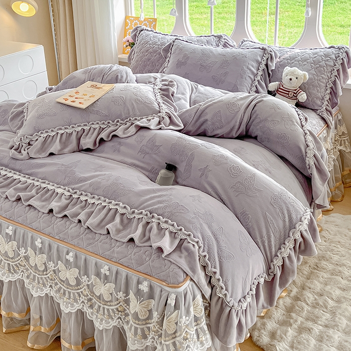 罗艺轩 2025新款简约雕花牛奶绒可拆卸床裙四件套蝶恋（已申专版，严格控价） 蝶恋-灰