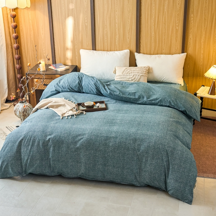 91家纺网 家纺一手货源 找家纺 春皖家纺 2025新款全棉原棉磨毛色织水洗单被套回暖系列-风格二 简森绿