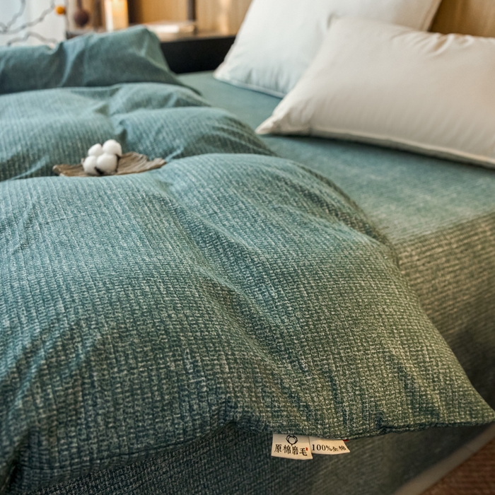 91家纺网 家纺一手货源 找家纺 春皖家纺 2025新款全棉原棉磨毛色织水洗单被套回暖系列-风格二 简森绿