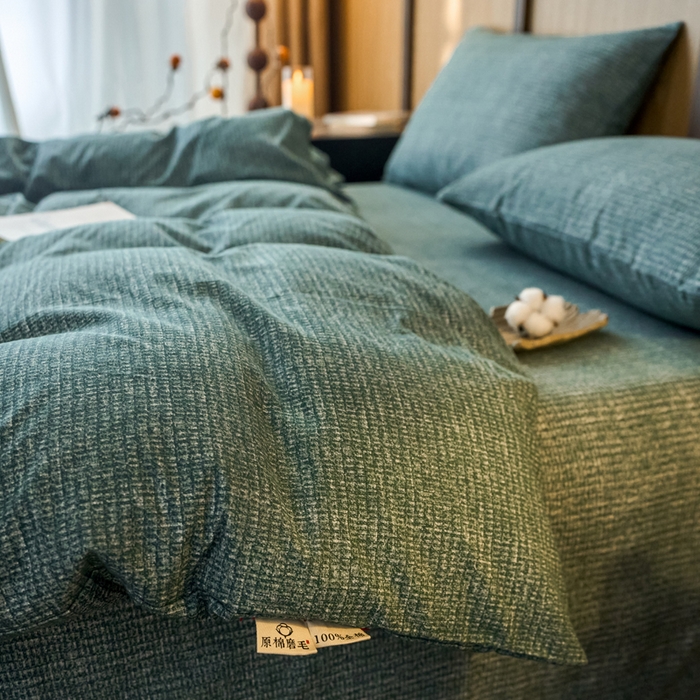 91家纺网 家纺一手货源 找家纺 春皖家纺 2025新款全棉原棉磨毛色织水洗单被套回暖系列-风格二 简森绿