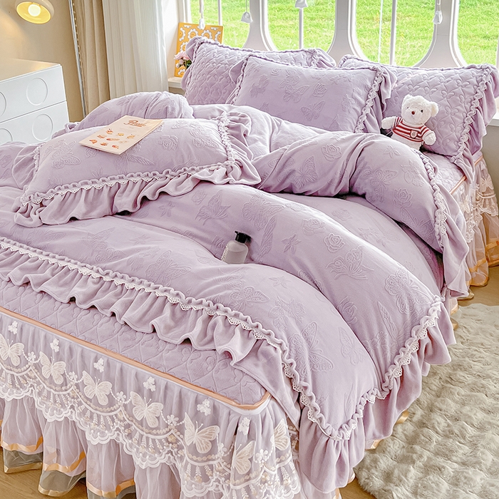 罗艺轩 2025新款简约雕花牛奶绒可拆卸床裙四件套蝶恋（已申专版，严格控价） 蝶恋-紫