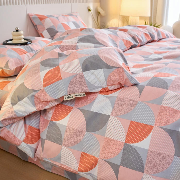 91家纺网 家纺一手货源 找家纺 春皖家纺 2025新款原棉磨毛四件套-风格一几何梦