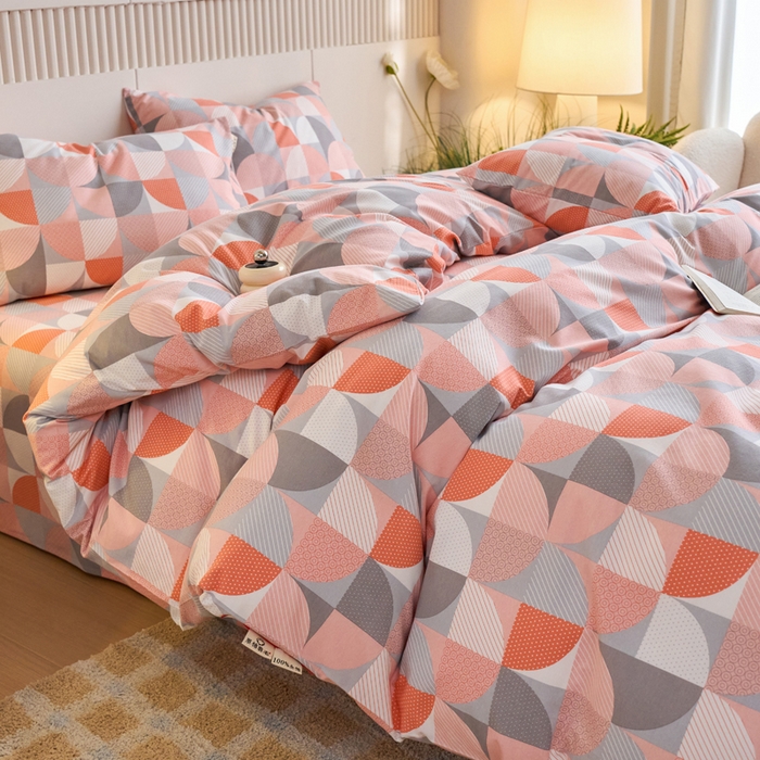 91家纺网 家纺一手货源 找家纺 春皖家纺 2025新款原棉磨毛四件套-风格一几何梦