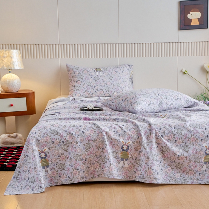 91家纺网 家纺一手货源 找家纺 春皖家纺 2025新款原棉磨毛单床单 床单单件-风格一萌萌兔