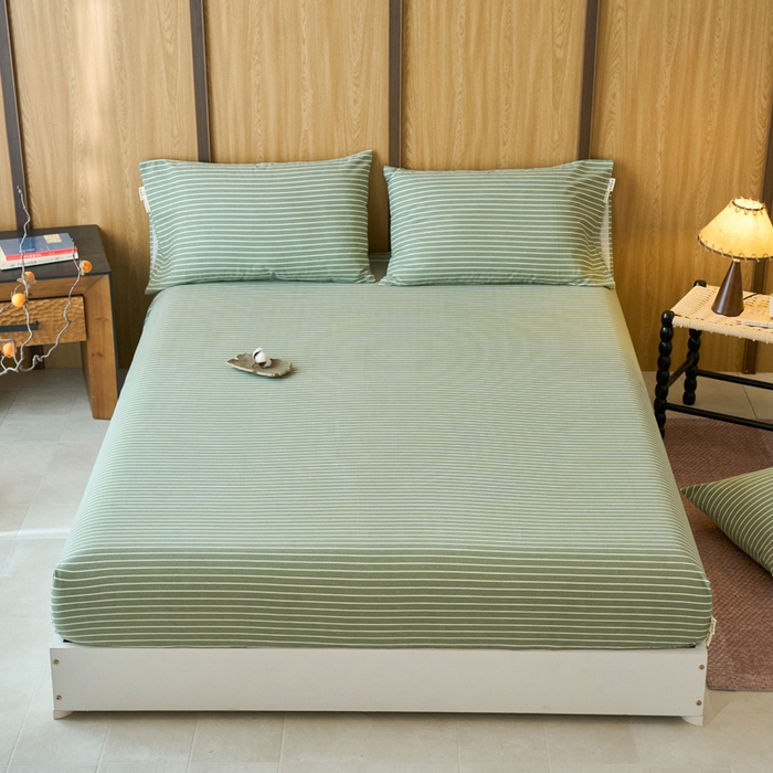 春皖家纺 2025新款全棉原棉磨毛色织水洗单床笠回暖系列-风格二 艾绿条