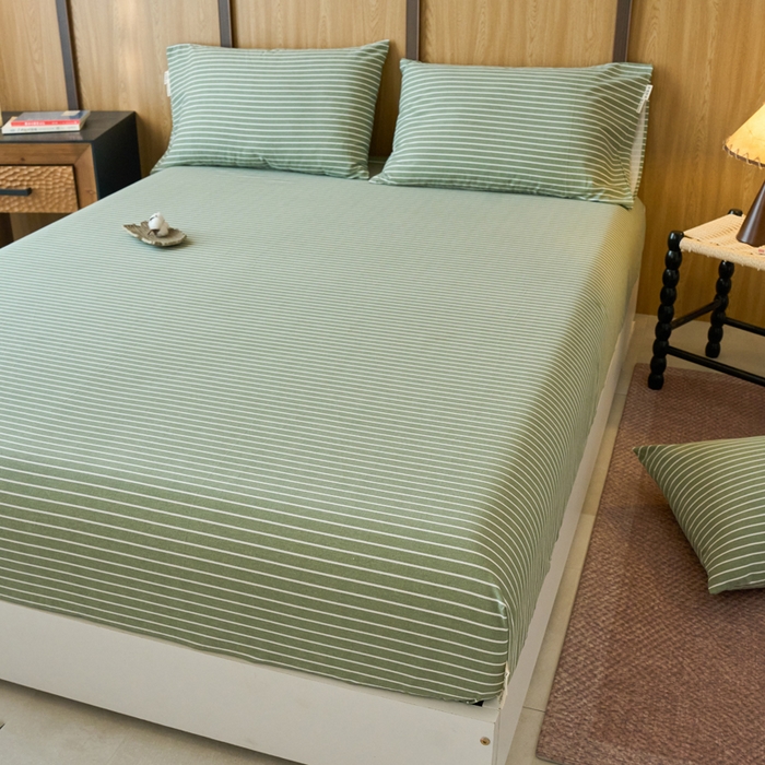 91家纺网 家纺一手货源 找家纺 春皖家纺 2025新款全棉原棉磨毛色织水洗单床笠回暖系列-风格二 艾绿条