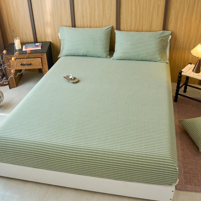 91家纺网 家纺一手货源 找家纺 春皖家纺 2025新款全棉原棉磨毛色织水洗单床笠回暖系列-风格二 艾绿条