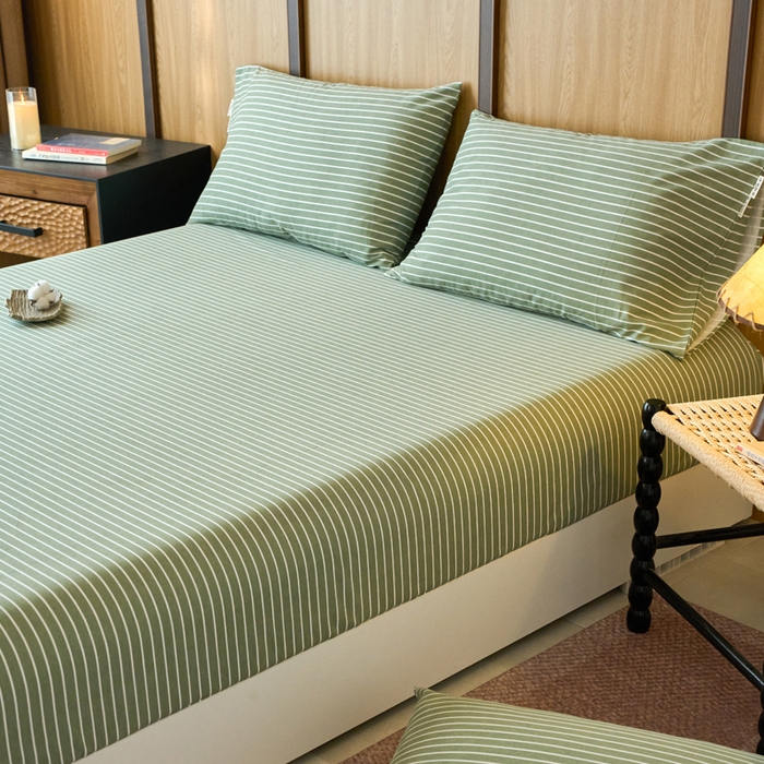 91家纺网 家纺一手货源 找家纺 春皖家纺 2025新款全棉原棉磨毛色织水洗单床笠回暖系列-风格二 艾绿条