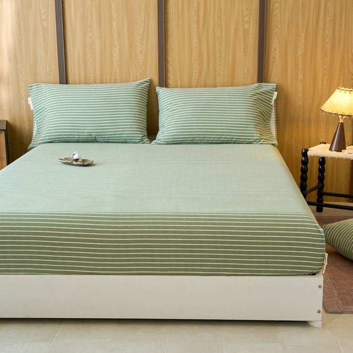 91家纺网 家纺一手货源 找家纺 春皖家纺 2025新款全棉原棉磨毛色织水洗单床笠回暖系列-风格二 艾绿条