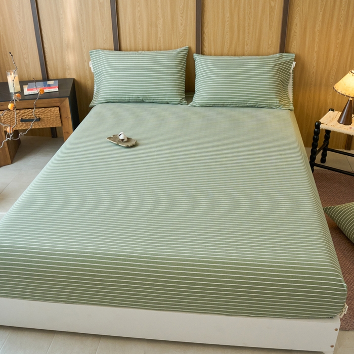 91家纺网 家纺一手货源 找家纺 春皖家纺 2025新款全棉原棉磨毛色织水洗单床笠回暖系列-风格二 艾绿条