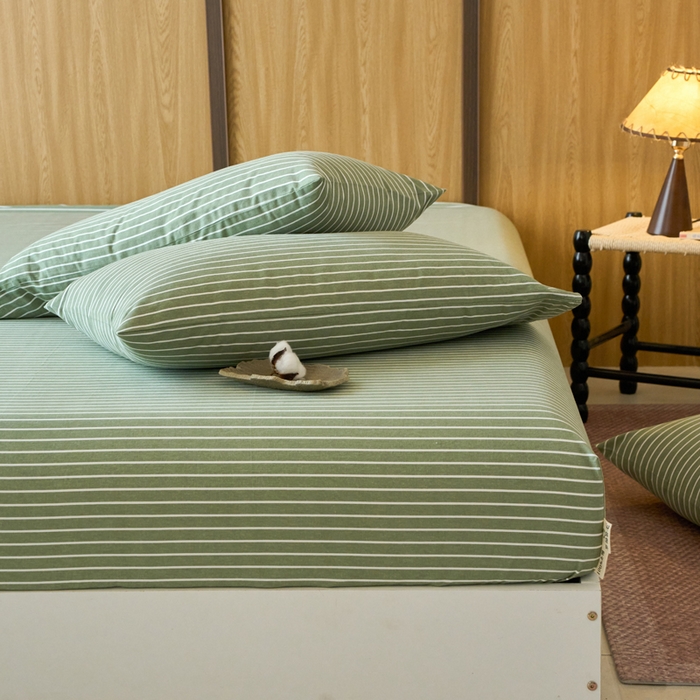 91家纺网 家纺一手货源 找家纺 春皖家纺 2025新款全棉原棉磨毛色织水洗单床笠回暖系列-风格二 艾绿条