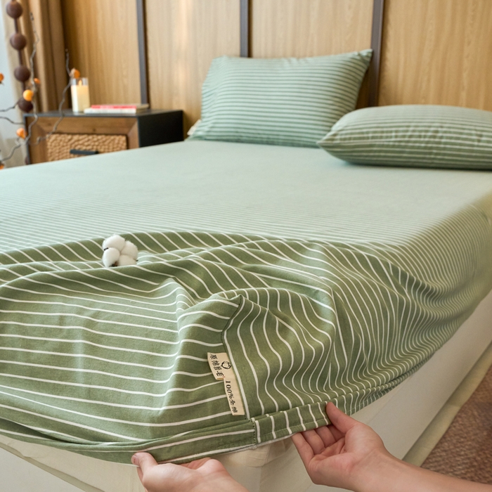 91家纺网 家纺一手货源 找家纺 春皖家纺 2025新款全棉原棉磨毛色织水洗单床笠回暖系列-风格二 艾绿条