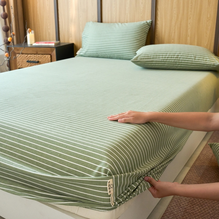 91家纺网 家纺一手货源 找家纺 春皖家纺 2025新款全棉原棉磨毛色织水洗单床笠回暖系列-风格二 艾绿条