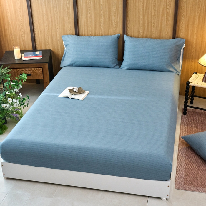 91家纺网 家纺一手货源 找家纺 春皖家纺 2025新款全棉原棉磨毛色织水洗单床笠回暖系列-风格二 柏林蓝