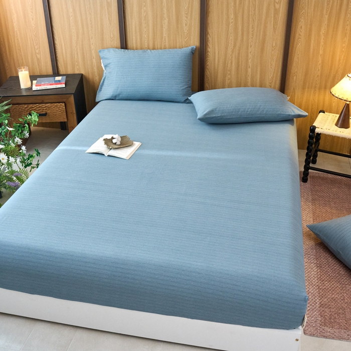 91家纺网 家纺一手货源 找家纺 春皖家纺 2025新款全棉原棉磨毛色织水洗单床笠回暖系列-风格二 柏林蓝