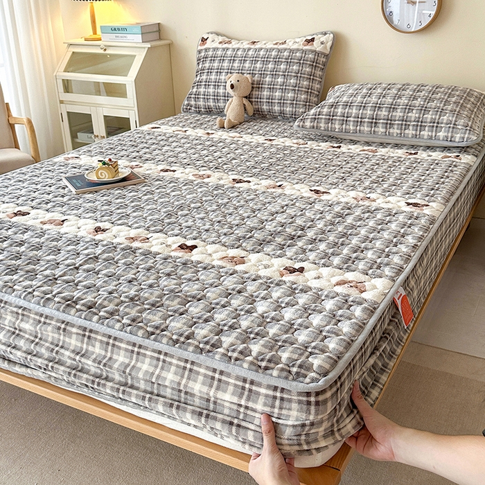 铭成家纺 2025新款牛奶绒夹棉保暖床笠 贵宾格-灰