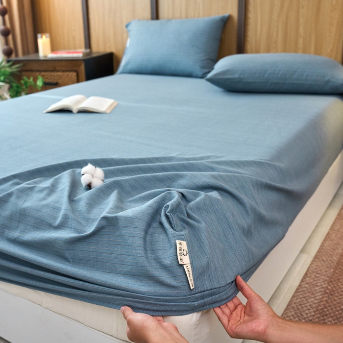 91家纺网 家纺一手货源 找家纺 春皖家纺 2025新款全棉原棉磨毛色织水洗单床笠回暖系列-风格二 柏林蓝