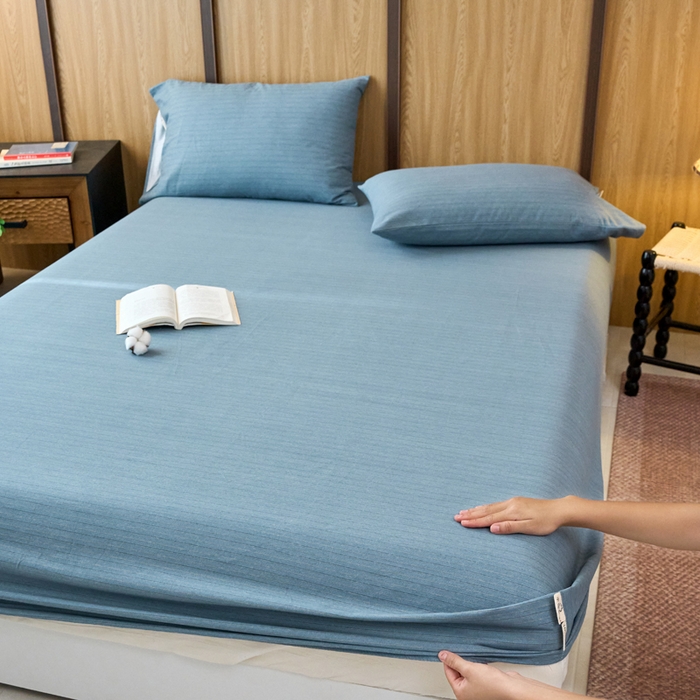 91家纺网 家纺一手货源 找家纺 春皖家纺 2025新款全棉原棉磨毛色织水洗单床笠回暖系列-风格二 柏林蓝