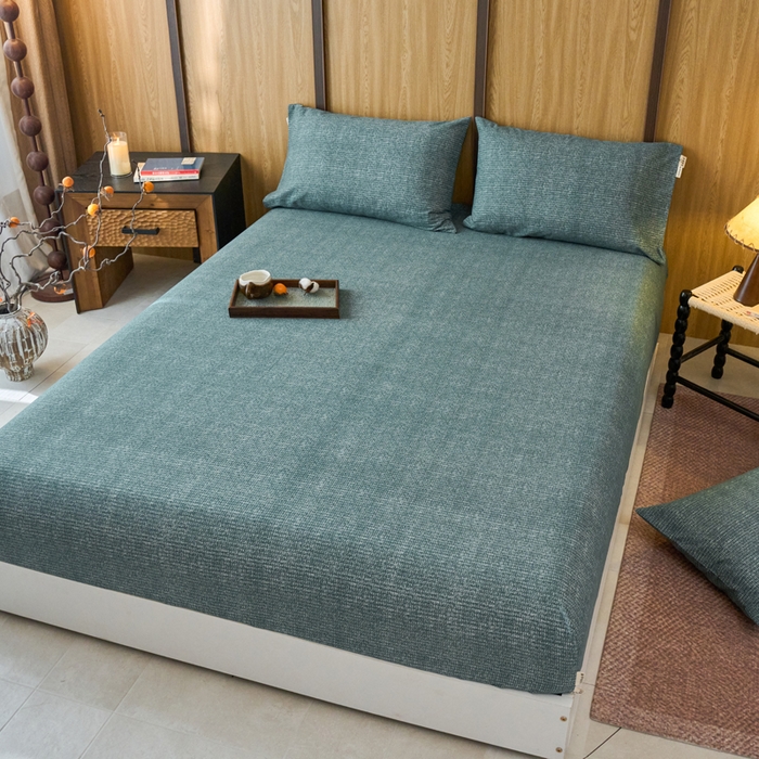 91家纺网 家纺一手货源 找家纺 春皖家纺 2025新款全棉原棉磨毛色织水洗单床笠回暖系列-风格二 简森绿