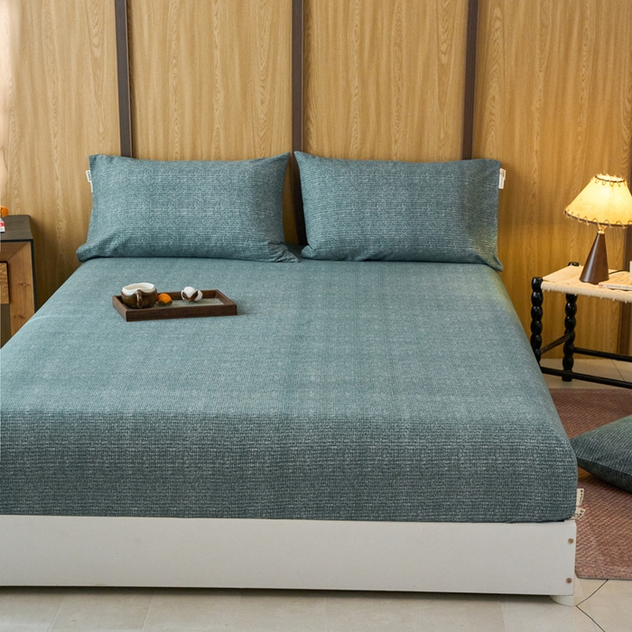 91家纺网 家纺一手货源 找家纺 春皖家纺 2025新款全棉原棉磨毛色织水洗单床笠回暖系列-风格二 简森绿