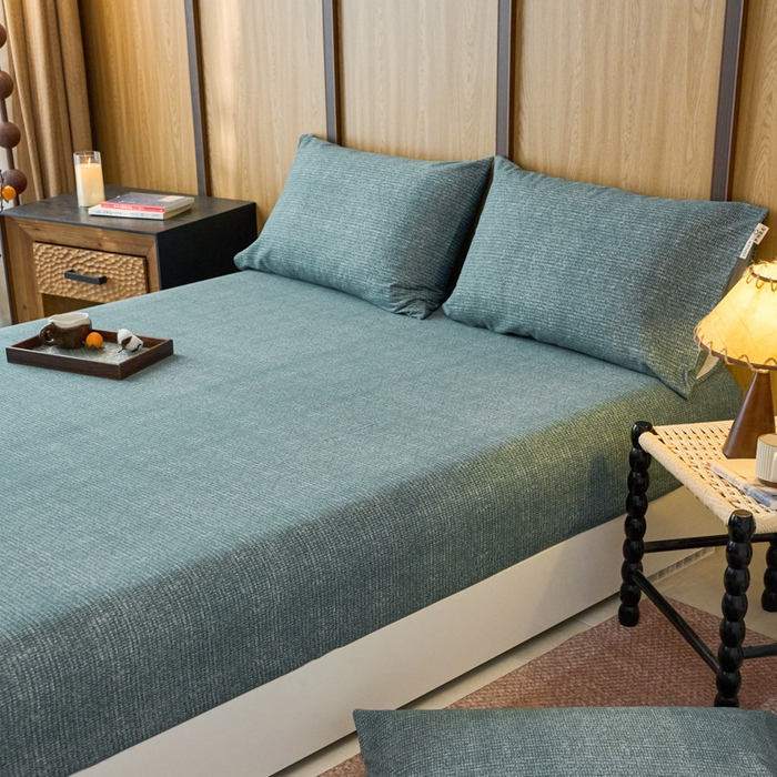 91家纺网 家纺一手货源 找家纺 春皖家纺 2025新款全棉原棉磨毛色织水洗单床笠回暖系列-风格二 简森绿