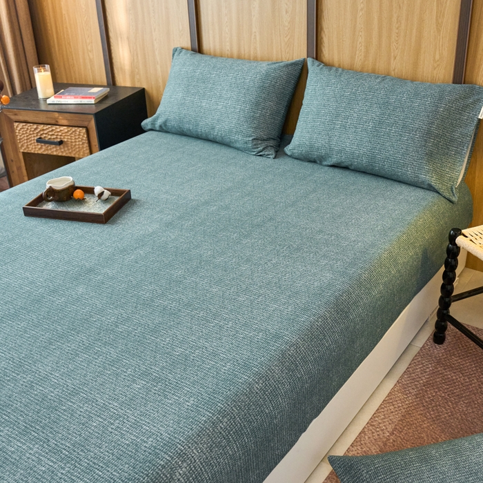 91家纺网 家纺一手货源 找家纺 春皖家纺 2025新款全棉原棉磨毛色织水洗单床笠回暖系列-风格二 简森绿