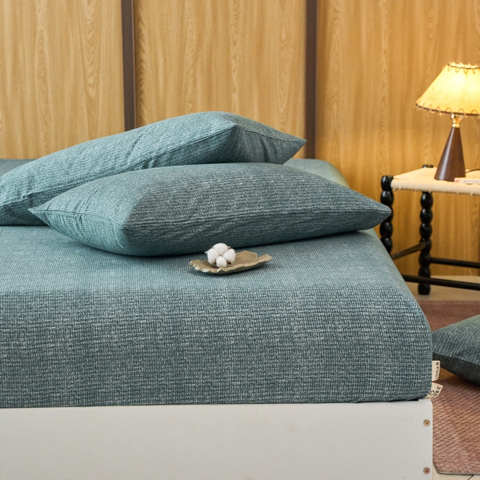 91家纺网 家纺一手货源 找家纺 春皖家纺 2025新款全棉原棉磨毛色织水洗单床笠回暖系列-风格二 简森绿