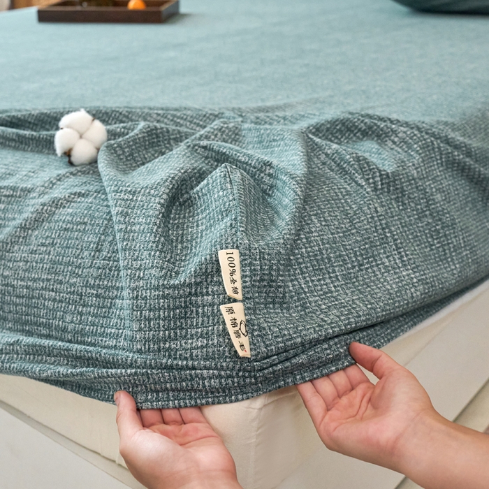 91家纺网 家纺一手货源 找家纺 春皖家纺 2025新款全棉原棉磨毛色织水洗单床笠回暖系列-风格二 简森绿