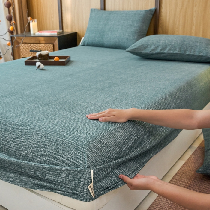 91家纺网 家纺一手货源 找家纺 春皖家纺 2025新款全棉原棉磨毛色织水洗单床笠回暖系列-风格二 简森绿