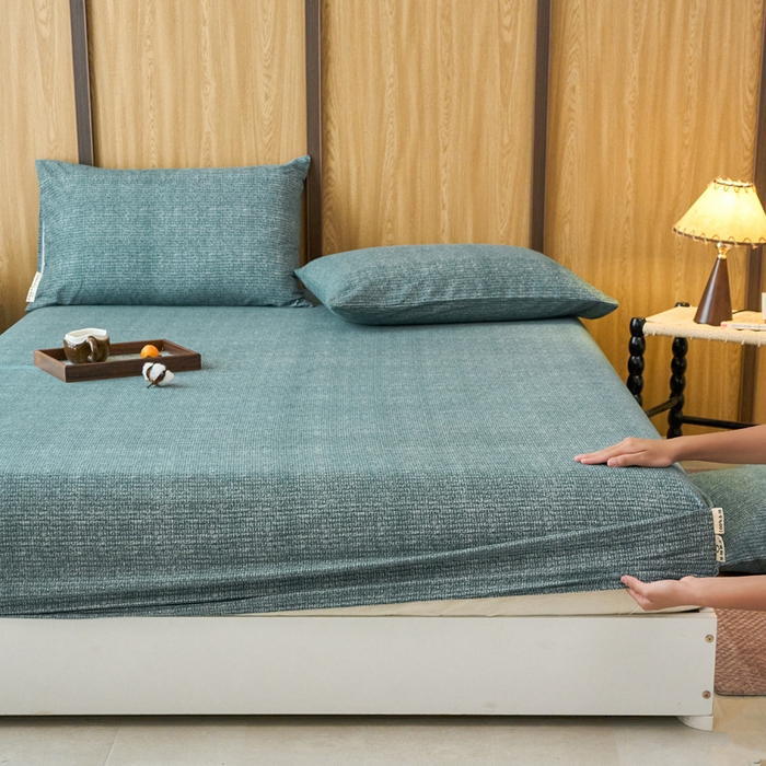 91家纺网 家纺一手货源 找家纺 春皖家纺 2025新款全棉原棉磨毛色织水洗单床笠回暖系列-风格二 简森绿