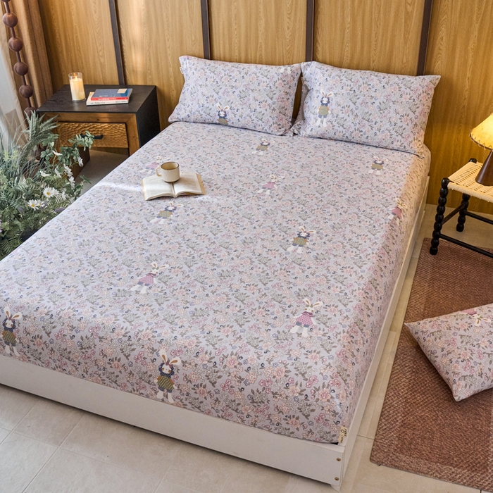 91家纺网 家纺一手货源 找家纺 春皖家纺 2025新款全棉原棉磨毛色织水洗单床笠回暖系列-风格二 萌萌兔