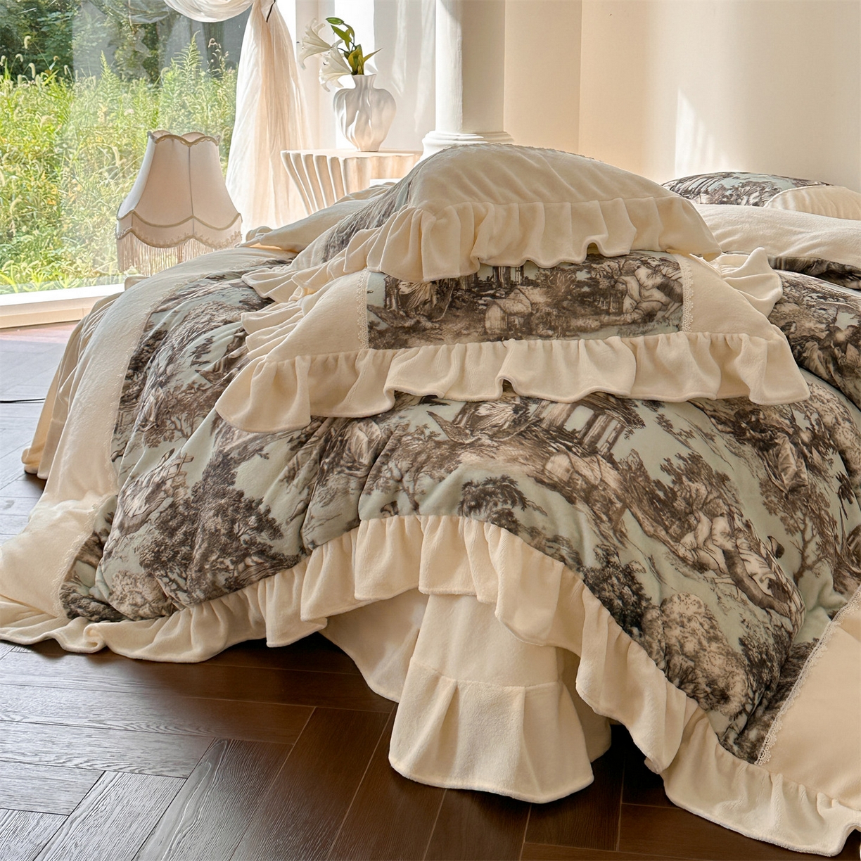 91家纺网 家纺一手货源 找家纺 （总）一左一右 2025秋冬新款法式风复古数码印花高克重花边牛奶绒四件套-凯西亚（提供买家秀）