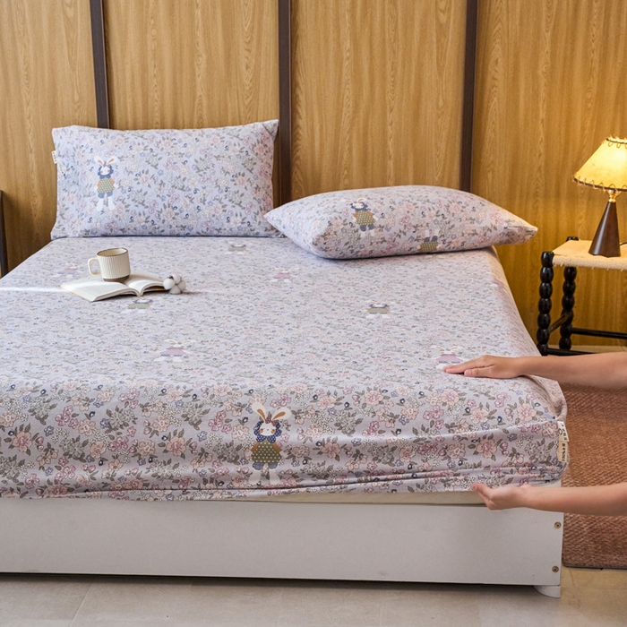 91家纺网 家纺一手货源 找家纺 春皖家纺 2025新款全棉原棉磨毛色织水洗单床笠回暖系列-风格二 萌萌兔