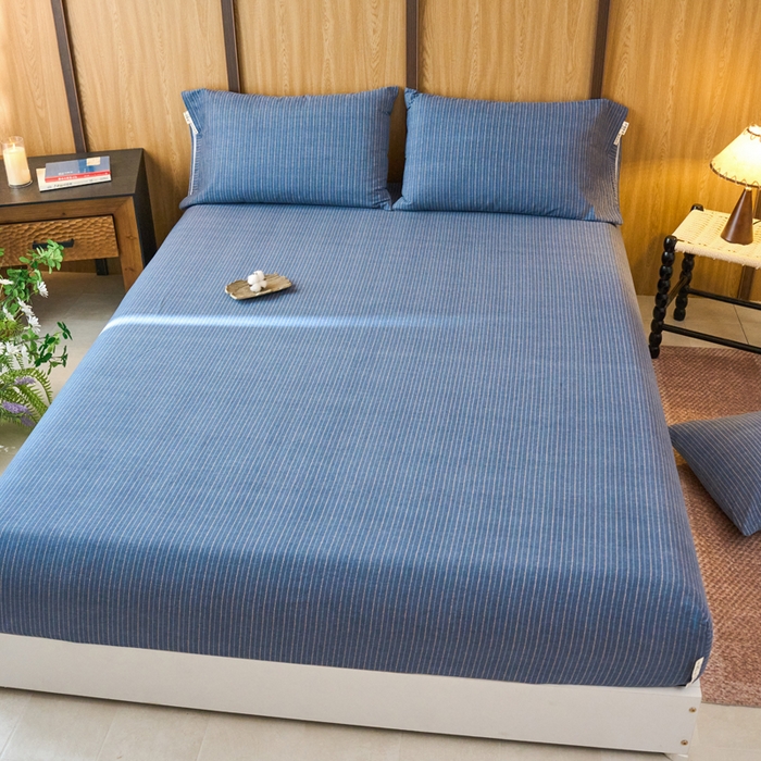 91家纺网 家纺一手货源 找家纺 春皖家纺 2025新款全棉原棉磨毛色织水洗单床笠回暖系列-风格二 梦蓝图