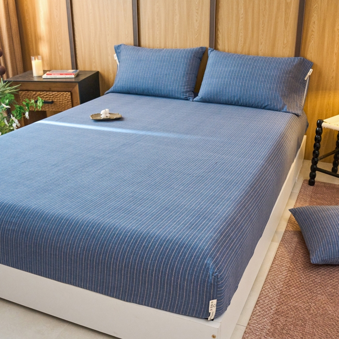 91家纺网 家纺一手货源 找家纺 春皖家纺 2025新款全棉原棉磨毛色织水洗单床笠回暖系列-风格二 梦蓝图