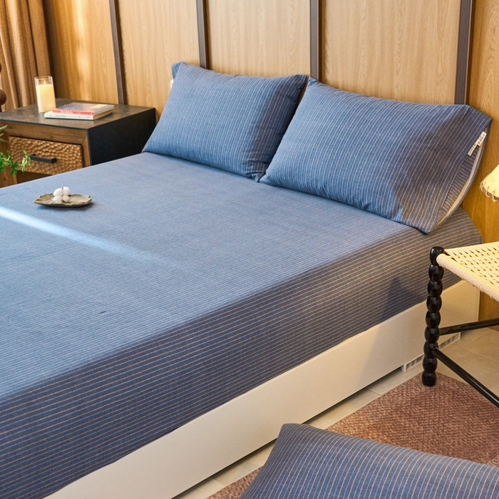 91家纺网 家纺一手货源 找家纺 春皖家纺 2025新款全棉原棉磨毛色织水洗单床笠回暖系列-风格二 梦蓝图