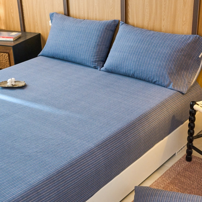 91家纺网 家纺一手货源 找家纺 春皖家纺 2025新款全棉原棉磨毛色织水洗单床笠回暖系列-风格二 梦蓝图