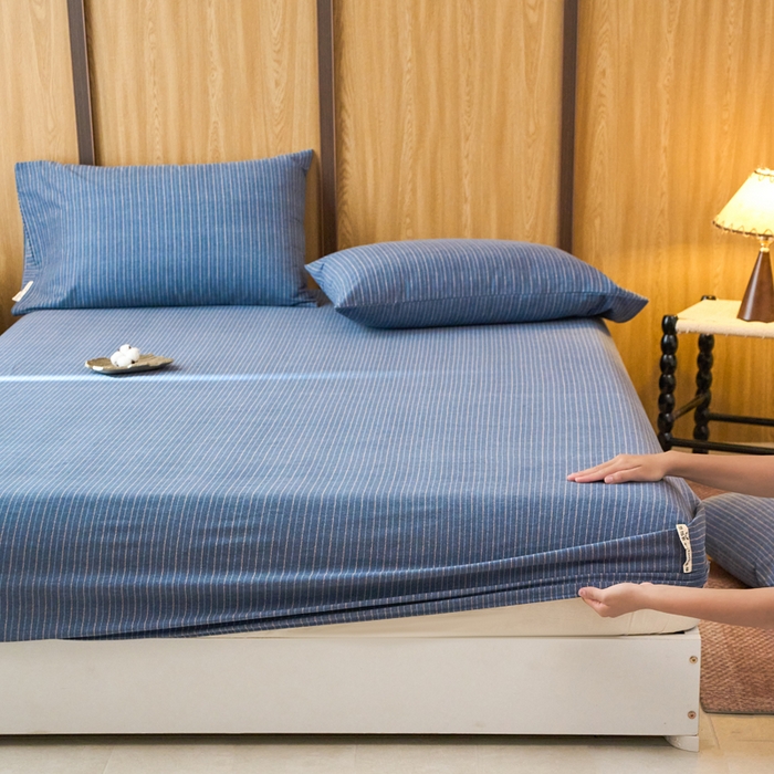 91家纺网 家纺一手货源 找家纺 春皖家纺 2025新款全棉原棉磨毛色织水洗单床笠回暖系列-风格二 梦蓝图