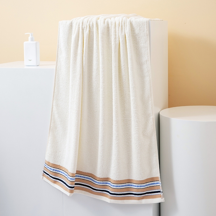 91家纺网 家纺一手货源 找家纺 彩虹毛巾 2025新款超柔亲肤毛浴巾竹纤维毛巾浴巾两件套吸水洗澡毛巾浴巾套装（规格： 毛巾:34*75CM 浴巾:70*140CM） 竹纤维宽段套装-乳黄 通用