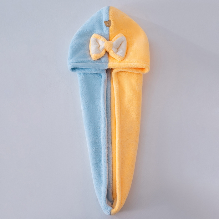 91家纺网 家纺一手货源 找家纺 彩虹毛巾 2025新款珊瑚绒浴帽公主风蝴蝶结干发帽洗头包头浴巾加厚干发巾 蓝拼黄浴帽加厚双层款 25x65CM/只