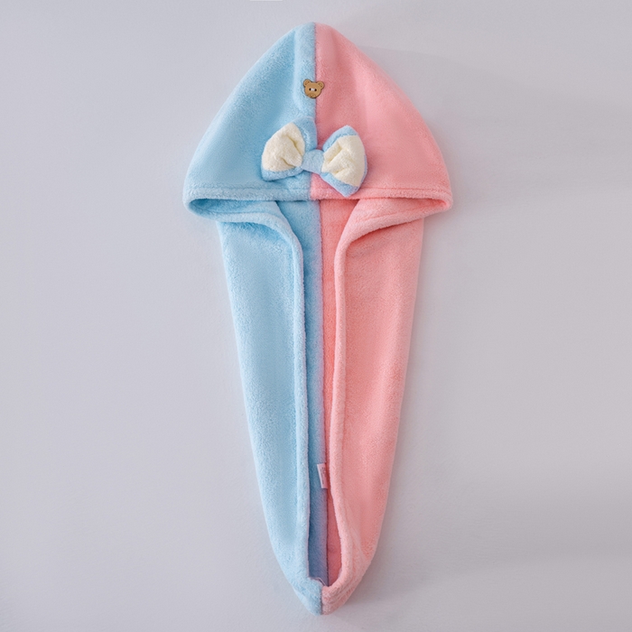 91家纺网 家纺一手货源 找家纺 彩虹毛巾 2025新款珊瑚绒浴帽公主风蝴蝶结干发帽洗头包头浴巾加厚干发巾 粉拼蓝浴帽加厚双层款 25x65CM/只